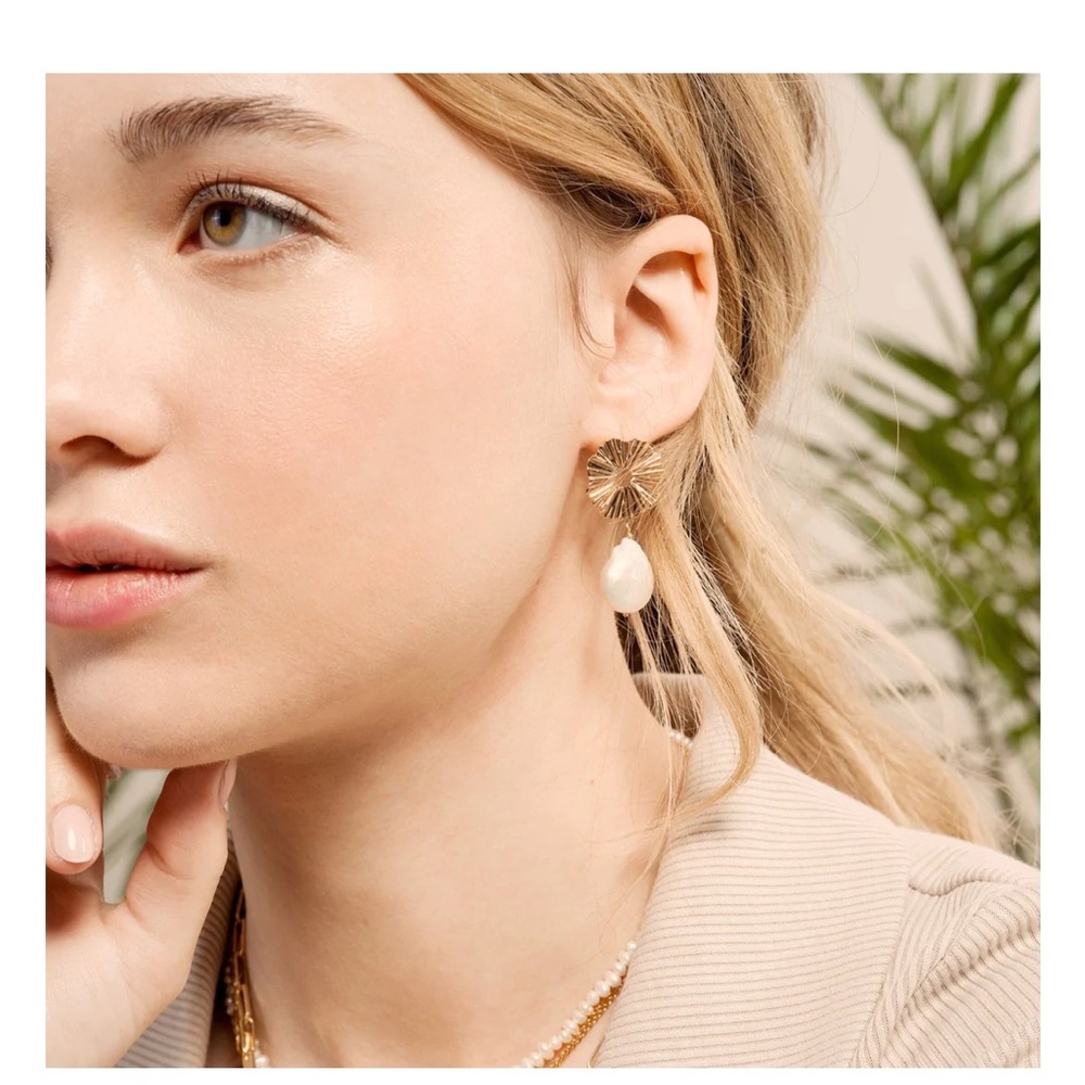 Pijouletta London Gold Marjorie Ruffle Pearl Drop Earrings